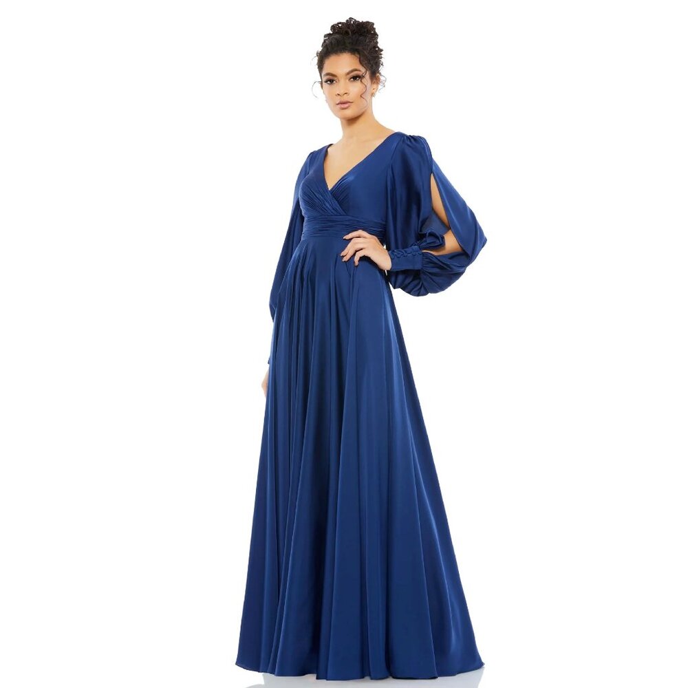 Mac Duggal Flowy Split Bishop Sleeve Faux Wrap Gown in Midnight Size 4